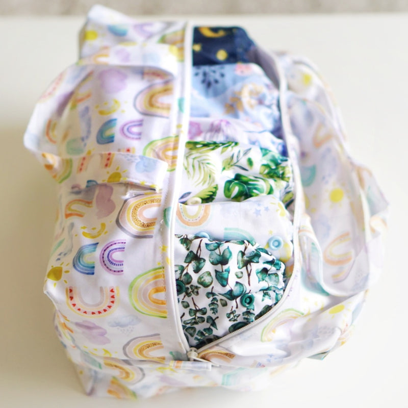 The Prima Pod wet bag filled with clean Chuckles NZ cloth nappies